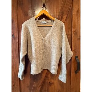 Zara Womens Taupe Oatmeal Heather Knit V-Neck Button Front Cardigan Sweater